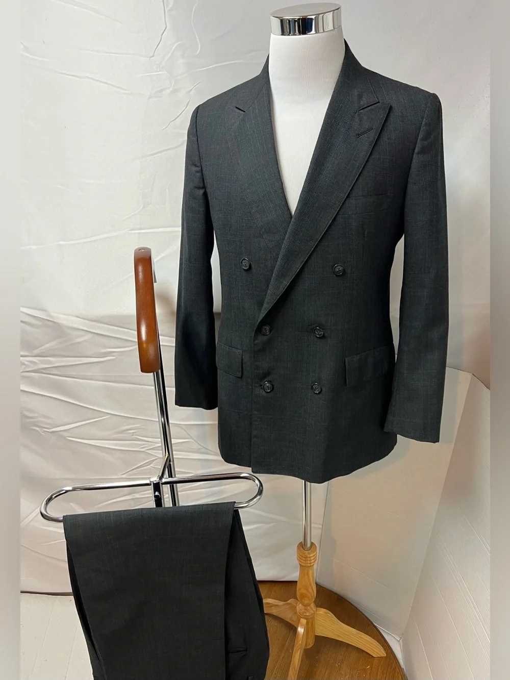 Stanley Blacker Vintage Men 38R Blazer 32x30 Charcoal Plaid Double Breasted Suit